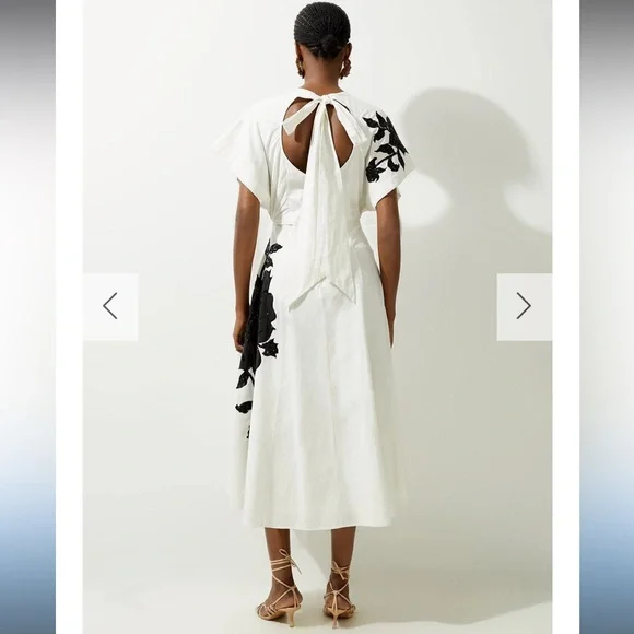 New Karen Millen Linen Cotton Hand Embellished Bow Detail Midaxi Midi Dress - Picture 2 of 9